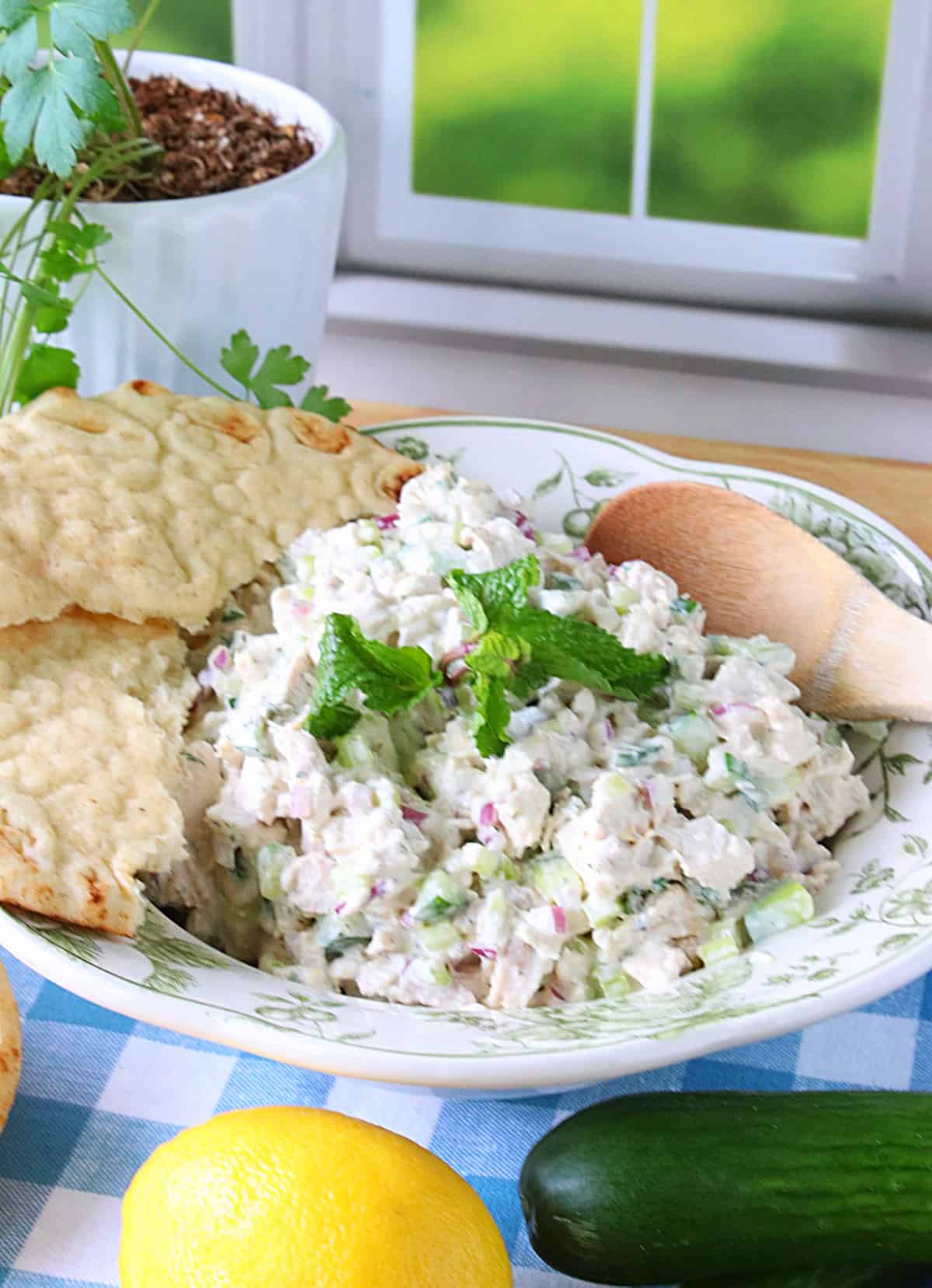 A bowl filled with Tzatziki Chicken Salad with fresh mint and a pita bread on the side. 
