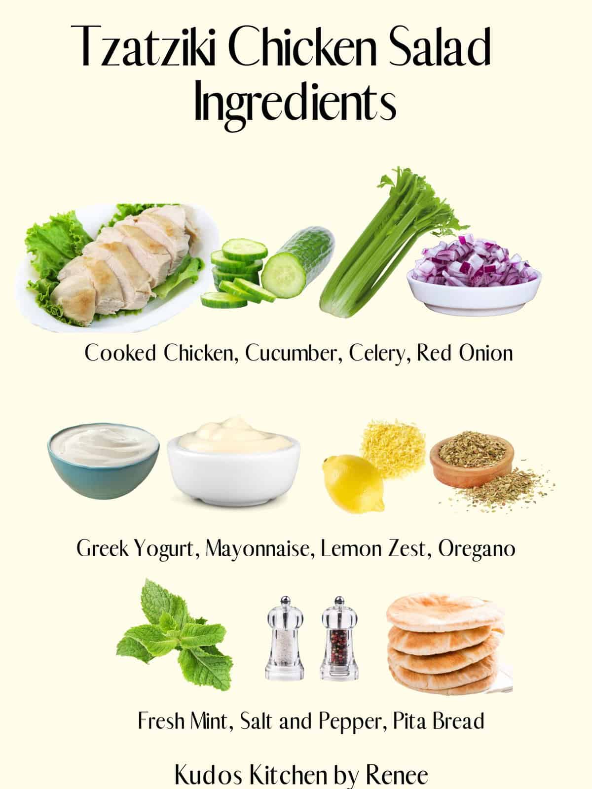 The visual ingredient list for making Tzatziki Chicken Salad along with text.
