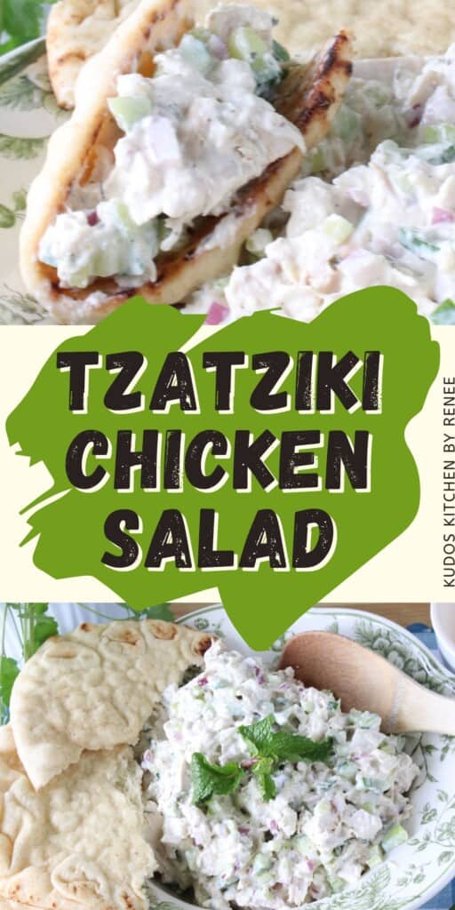 Two image collage of Tzatziki Chicken Salad along with a center title between the images.
