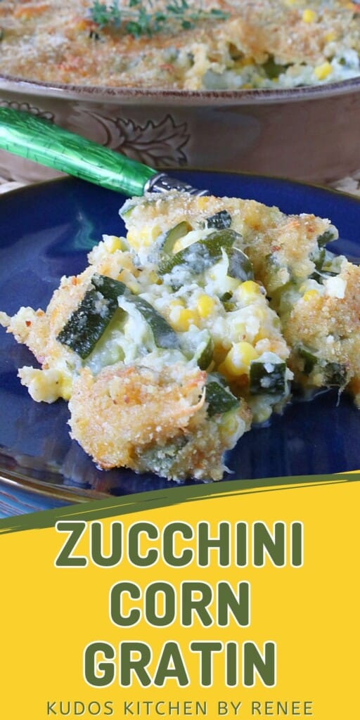 Zucchini Corn Gratin on a blue plate with a fork.