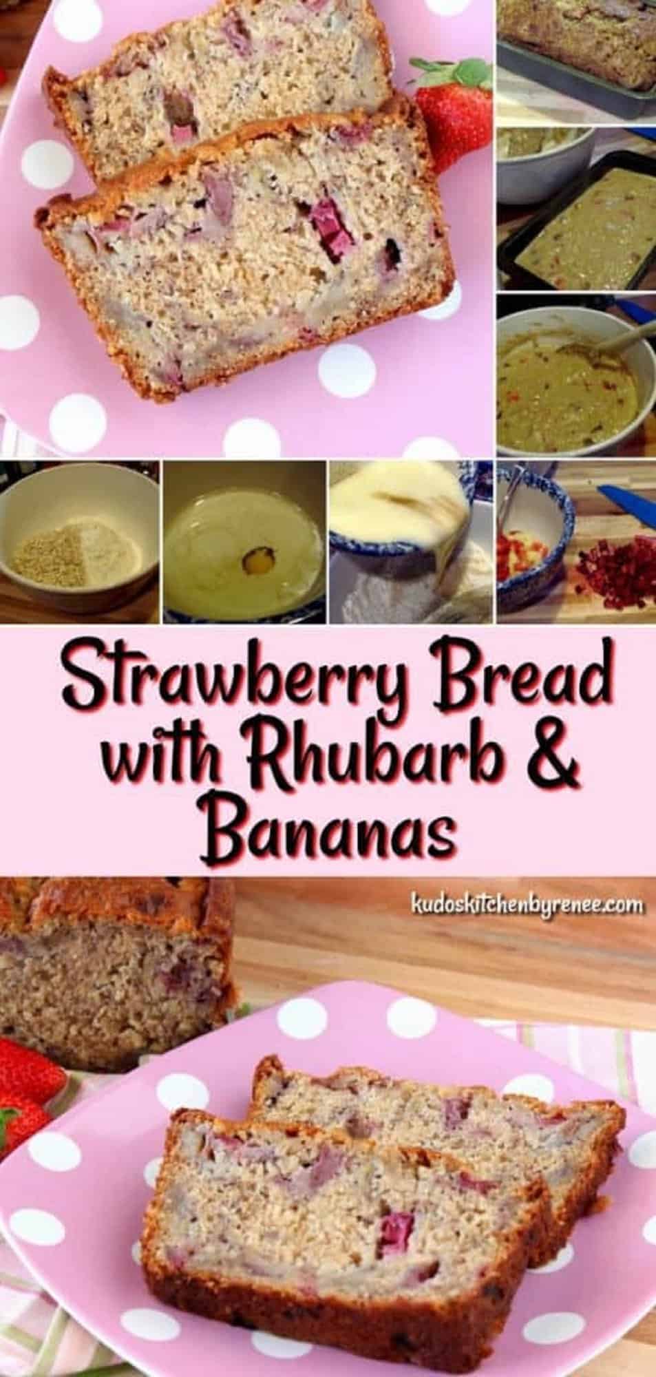 A collage of how to make Strawberry Rhubarb Bread with Bananas.