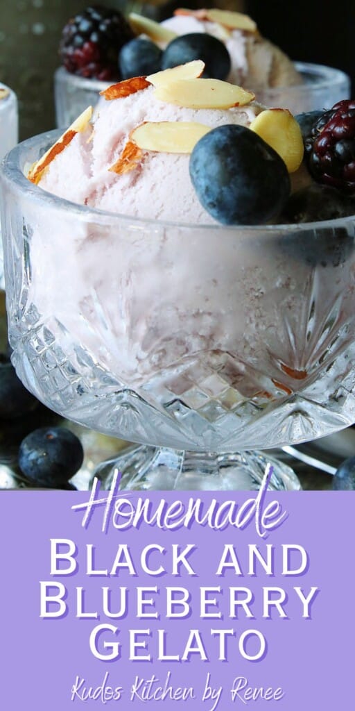 A Pinterest image for Homemade Black and Blueberry Gelato.
