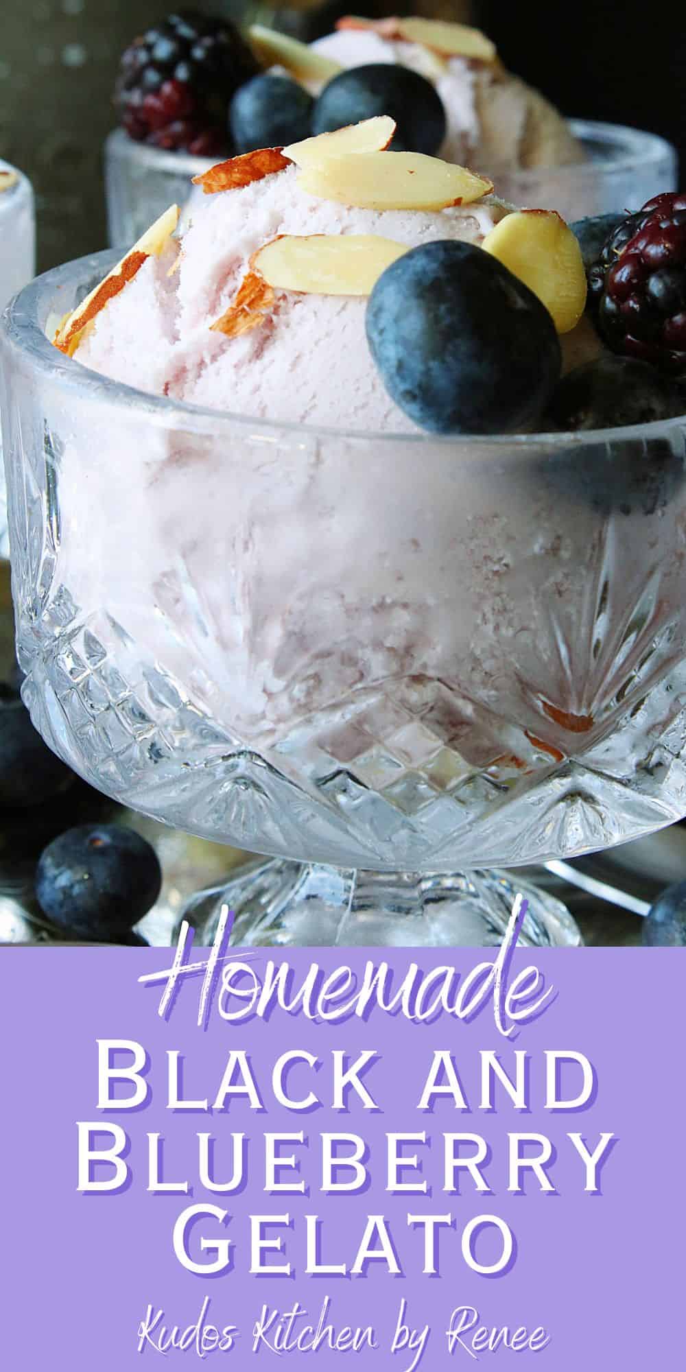 A serving of homemade Blueberry and Blackberry Gelato along with a title text graphic in purple and white.
