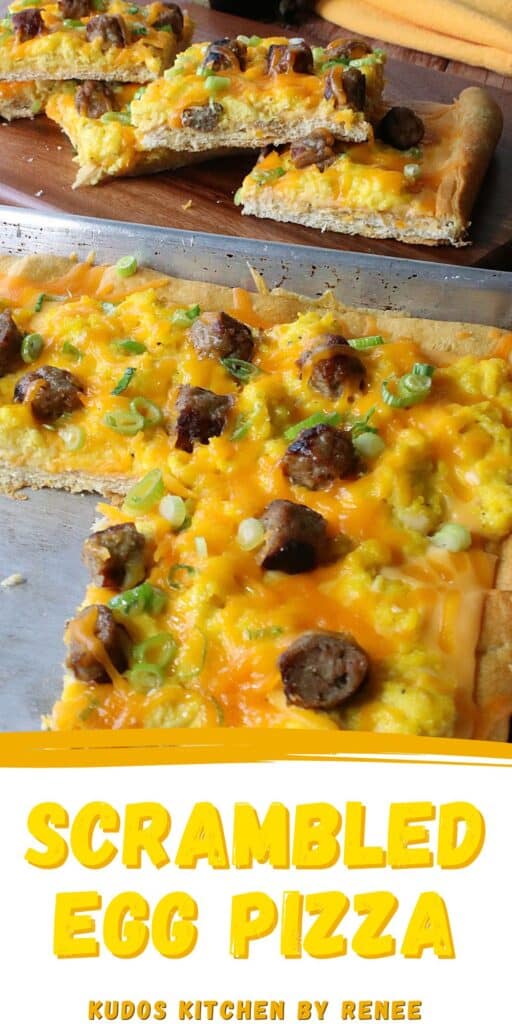 A Scrambled Egg Pizza on a baking sheet along with slices on a wooden cutting board.