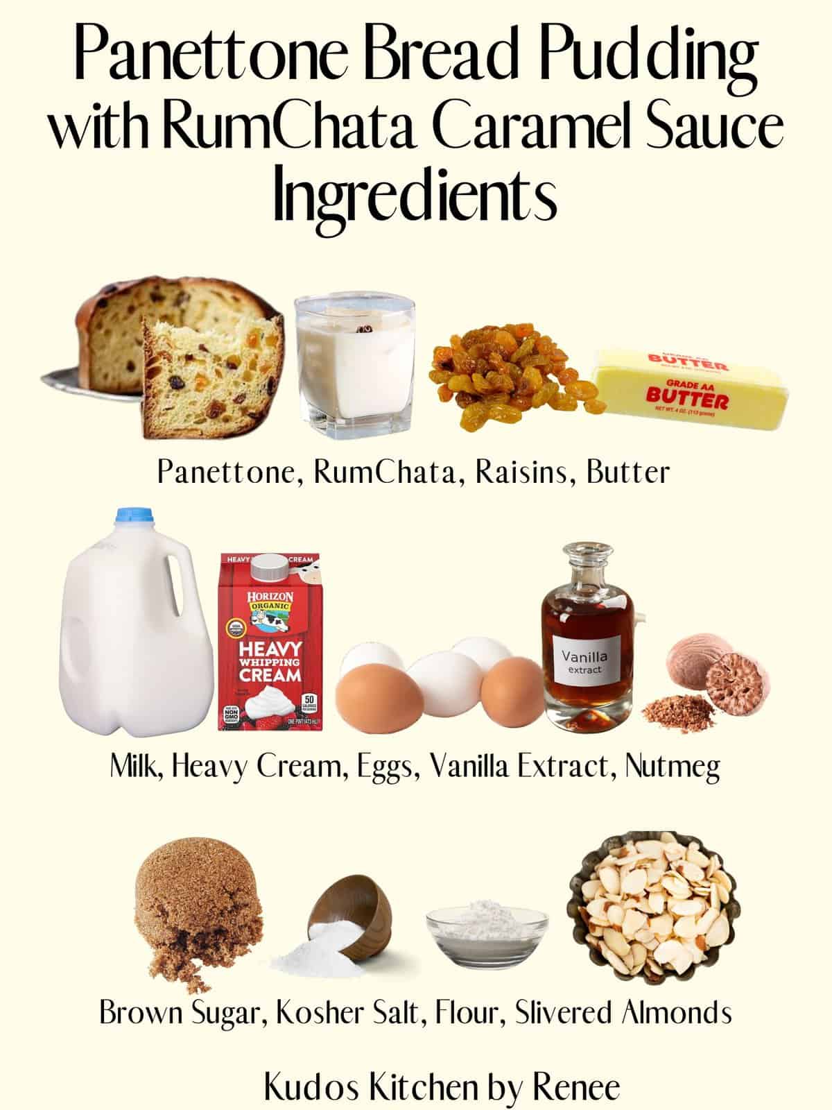 A visual ingredient list for makine Panettone Bread Pudding with RumChata Sauce.