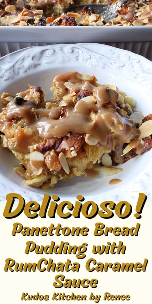 A serving of Panettone Bread Pudding on a white plate.