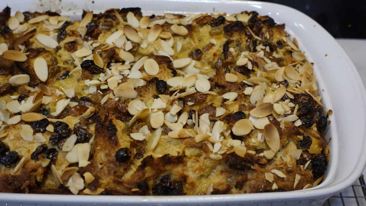 A baked Panettone Bread Pudding just out of the oven.