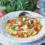 A white bowl filled with a healthy serving of Chicken Noodle Soup with Leeks and Kale along with a spoon.