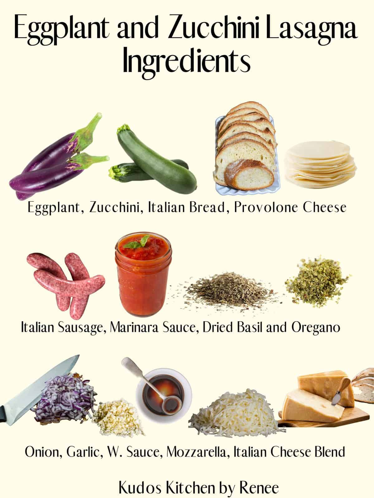 A visual ingredient list for making Eggplant and Zucchini Lasagna.