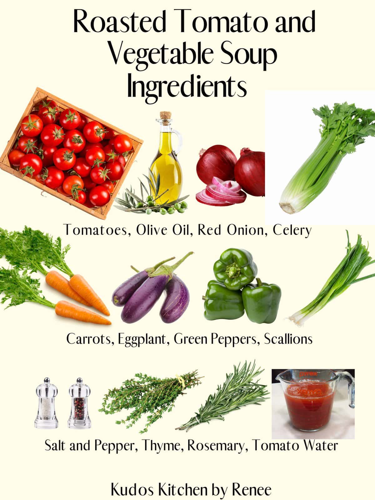 A visual ingredient list for making Roasted Tomato and Vegetable Soup.