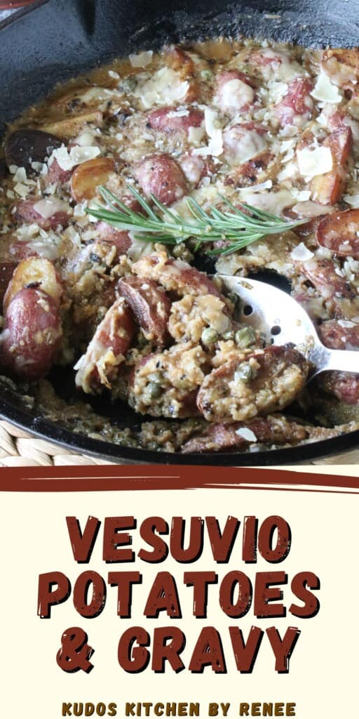 A Pinterest image of Vesivio Potatoes and Gravy with a title text.