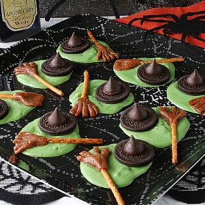 A scary tray of Melted Witch Candy with hats and broomsticks.