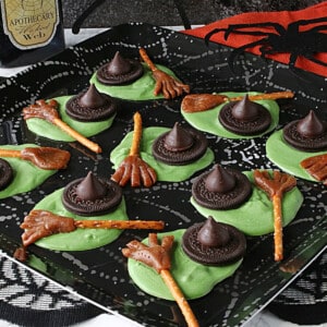 A scary tray of Melted Witch Candy with hats and broomsticks.