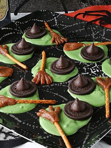 A scary tray of Melted Witch Candy with hats and broomsticks.