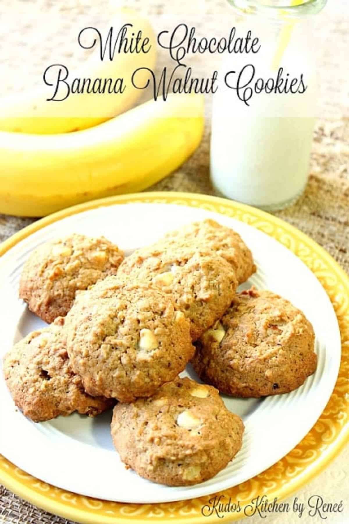 Several Banana Walnut Cookies on a plate with a glass of milk in the background.