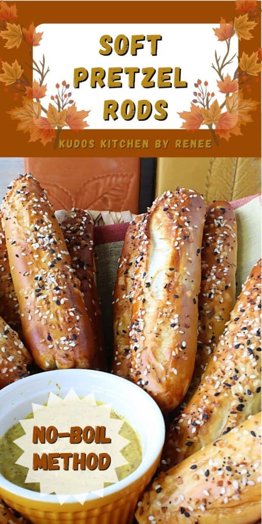 A Pinterest image for No-Boil Soft Pretzel Rods along with a title text.