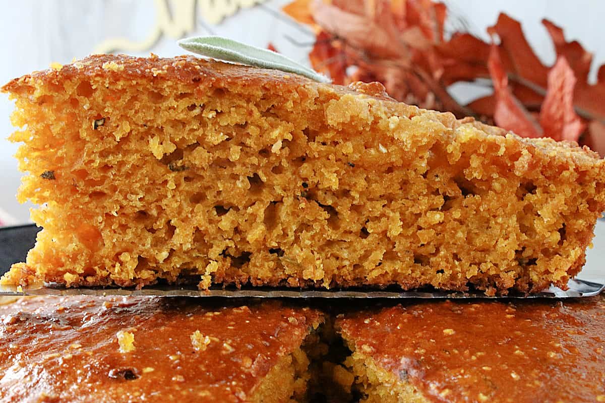 A close up of the texture inside a Pumpkin Cornbread with Sage slice.