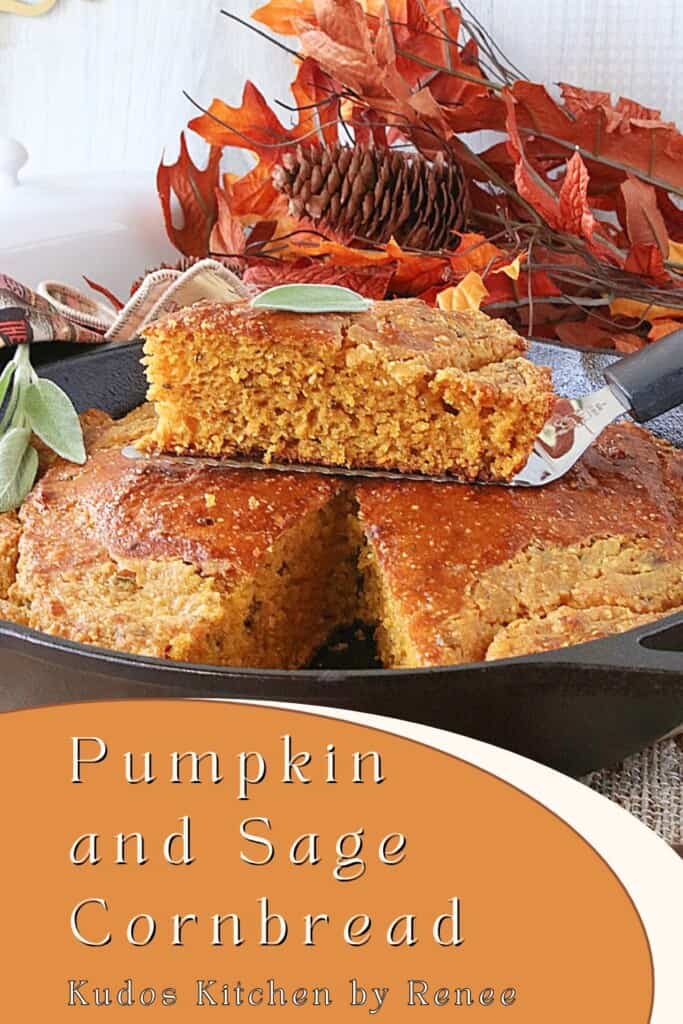 A Pinterest pin for Pumpkin and Sage Cornbread along with a title text.