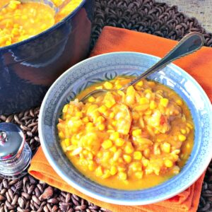 A bowl of Pumpkin and Shrimp chowder.