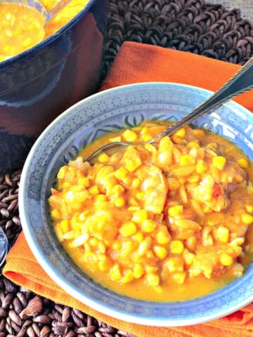 A bowl of Pumpkin and Shrimp chowder.