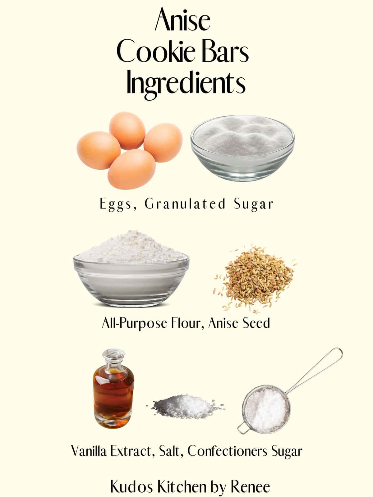 A visual ingredient list for making Anise Cookie Bars.