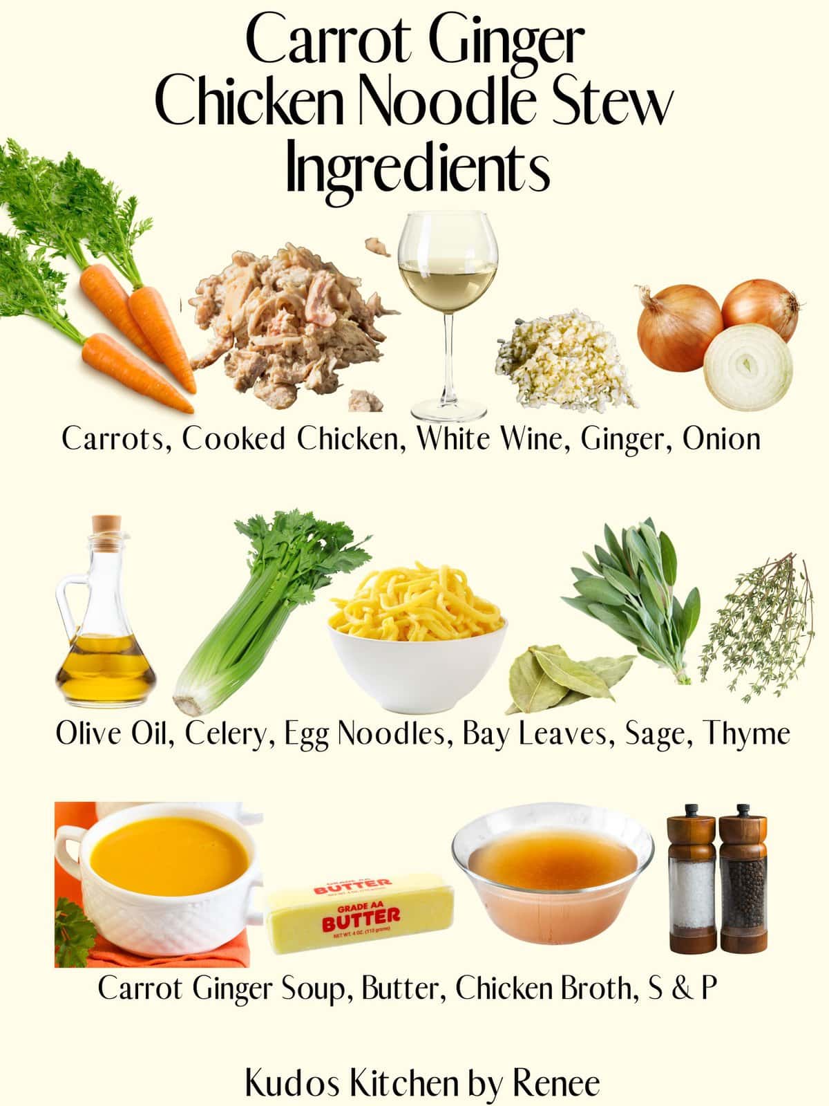 A visual ingredient list for making Carrot Ginger Chicken Noodle Stew.