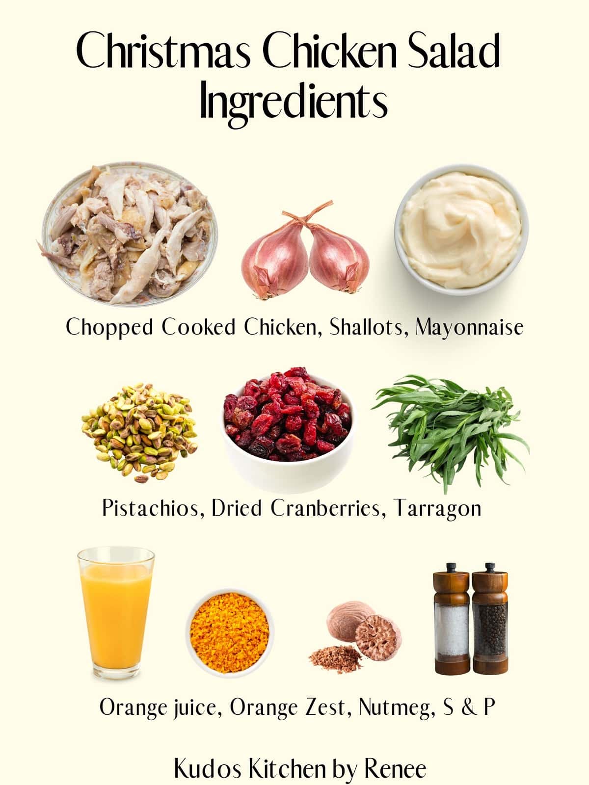 A visual ingredient list for making Christmas Chicken Salad. 