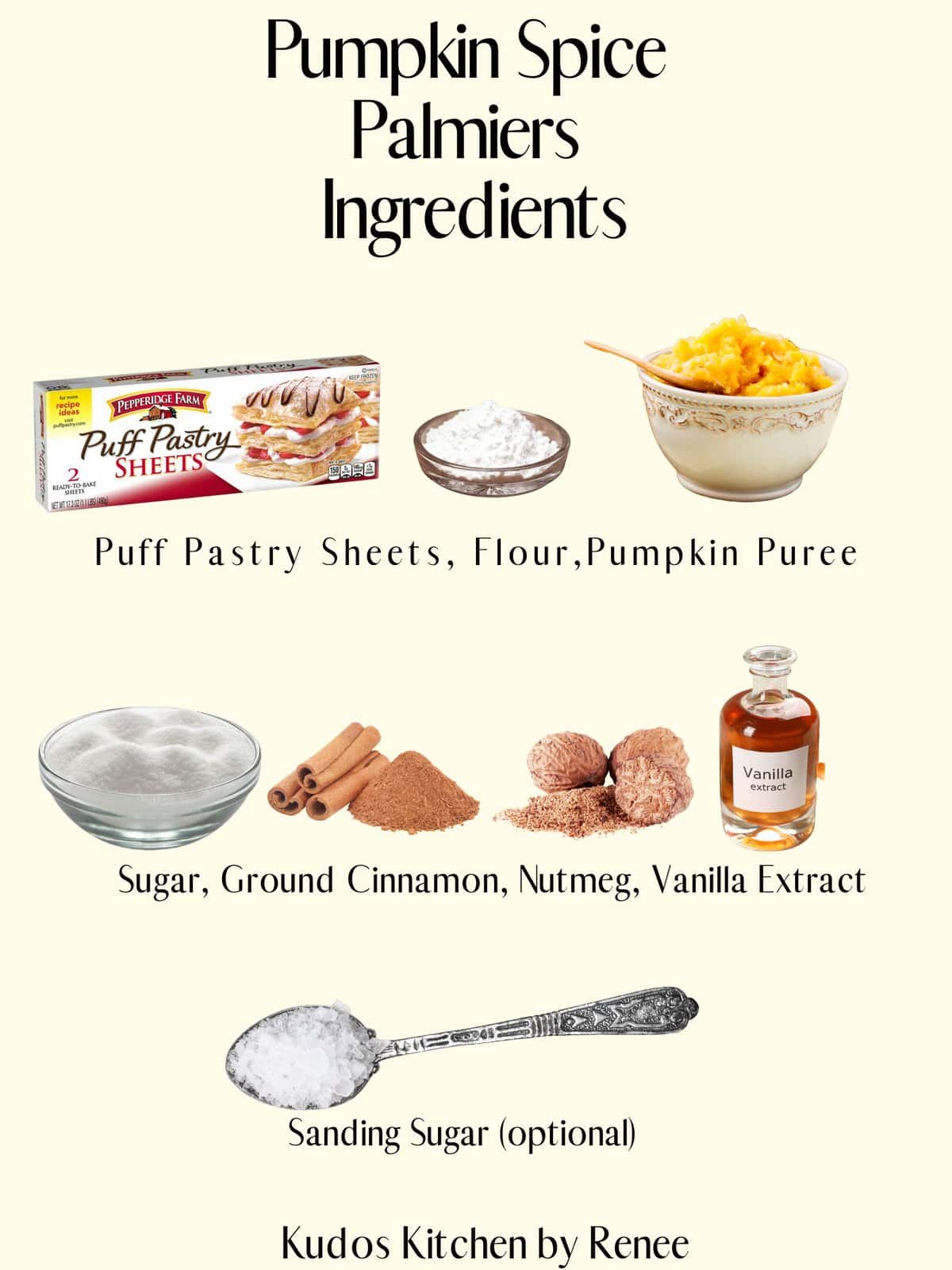 A visual ingredient list for making Pumpkin Spice Palmiers.