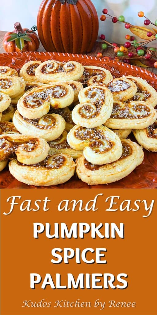 A Pinterest image of Pumpkin Spice Palmiers with a title text graphic.