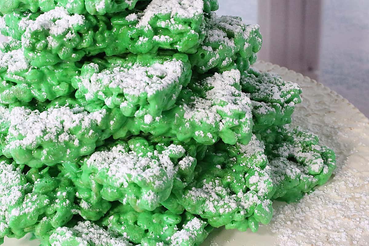 Close up of "branches and snow" on a 3D Rice Krispies Treats Christmas Tree.