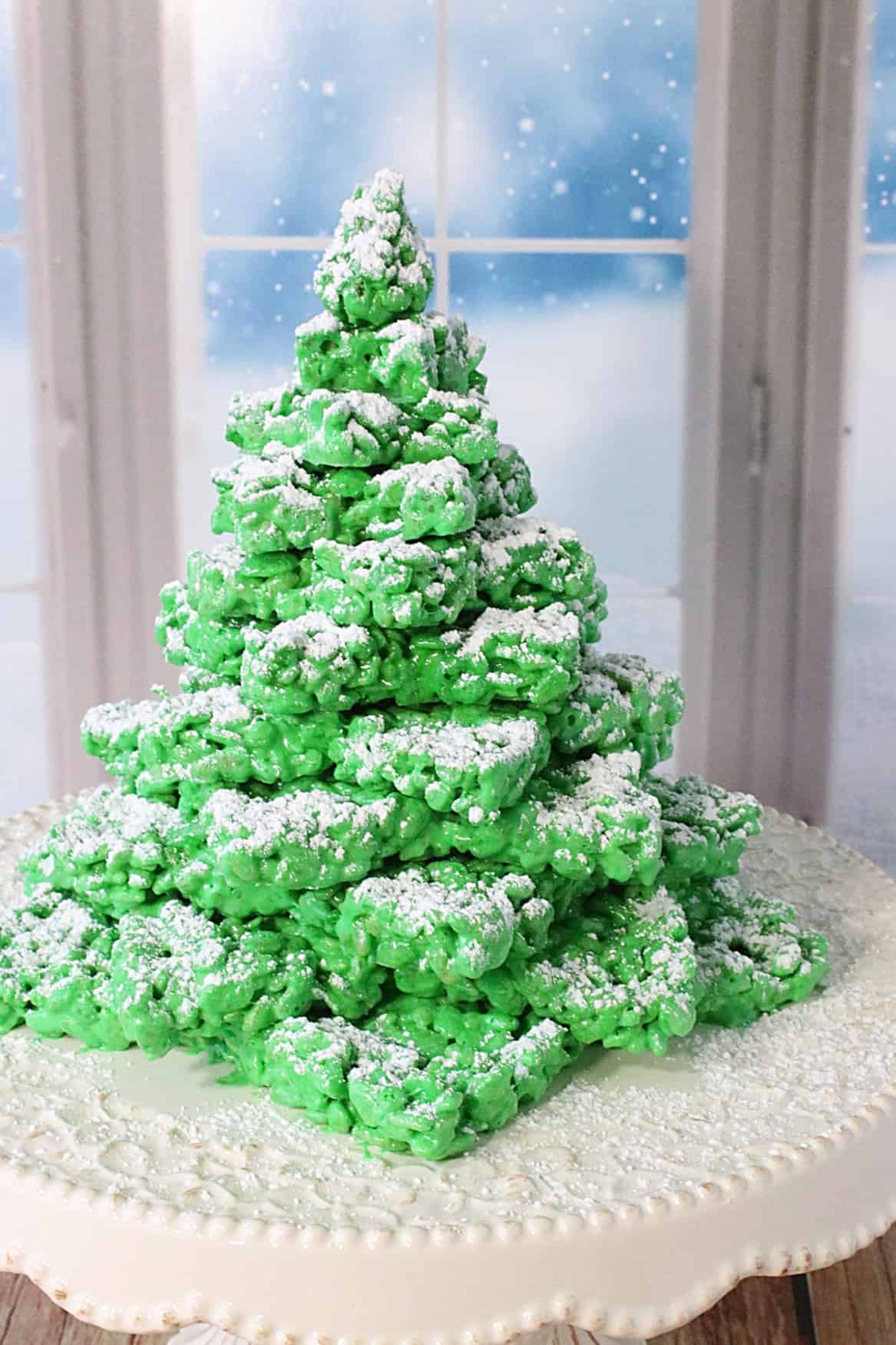 A Christmas tree made out of Rice Krispie Treats.