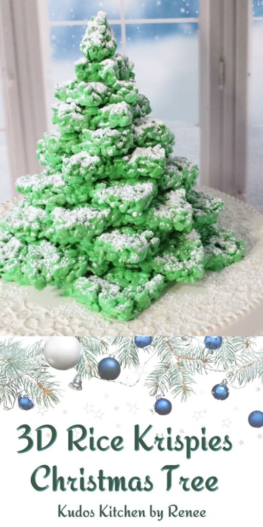 A Pinterest pin image for a 3D Rice Krispies Treat Christmas Tree with a title text graphic.