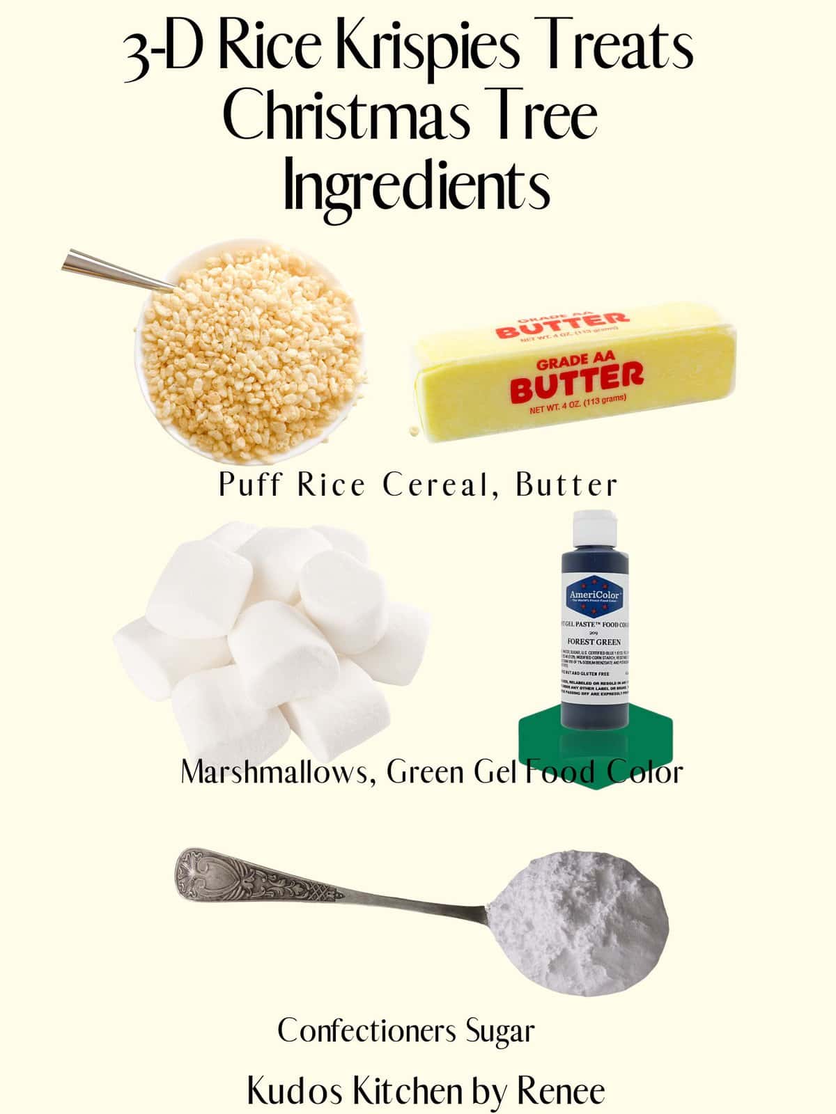 A visual ingredient list for making a 3D Rice Krispies Treats Christmas Tree.