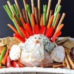 Colorful Turkey Bread Bowl Appetizer with Spinach Dip and vegetable feathers.