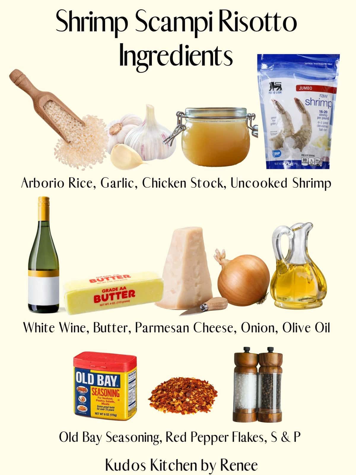 A visual ingredient list for making Shrimp Scampi Risotto.