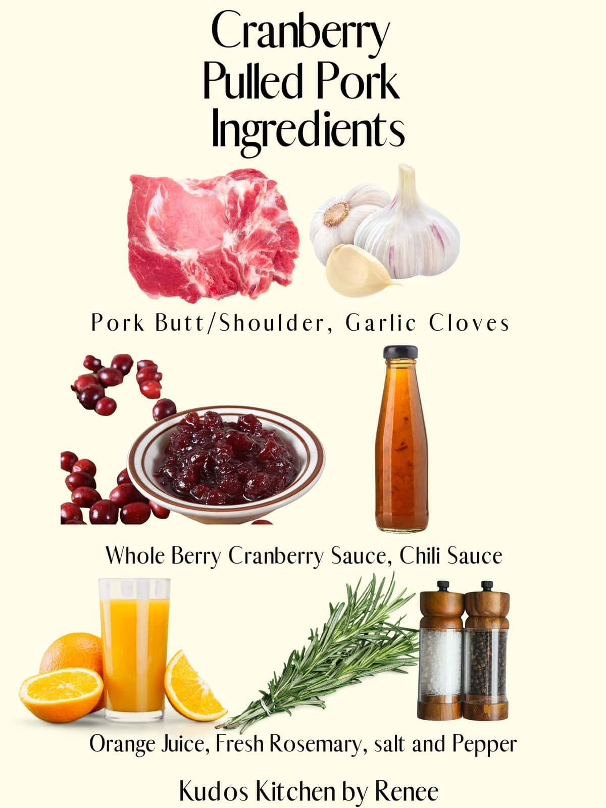 A visual ingredient list for making Slow Cooker Cranberry Pulled Pork.
