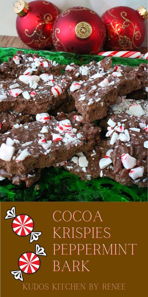 A Pinterest image with a title text for Cocoa Krispies Peppermint Bark.