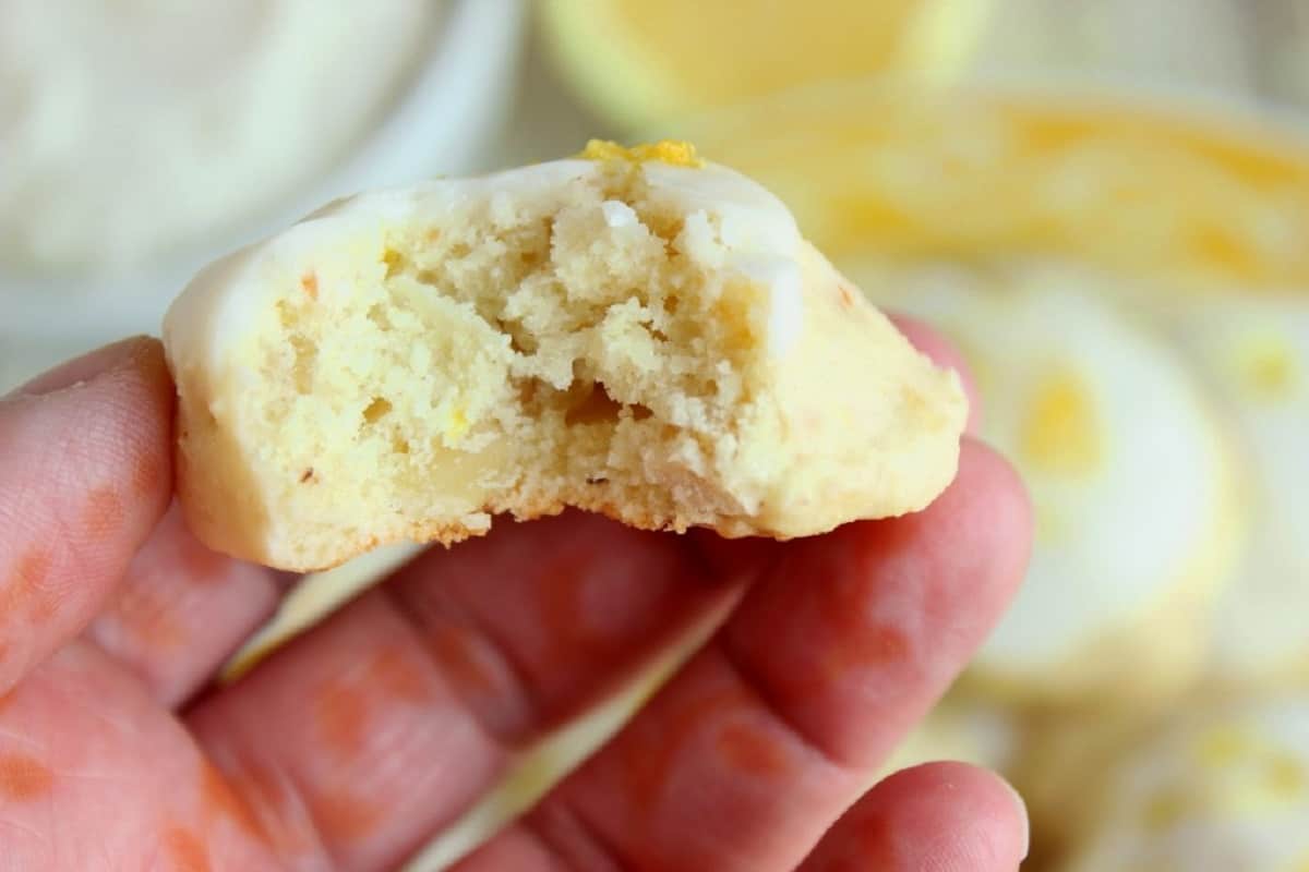 A hand holding a Lemon Ricotta Cookie with a bite taken out.