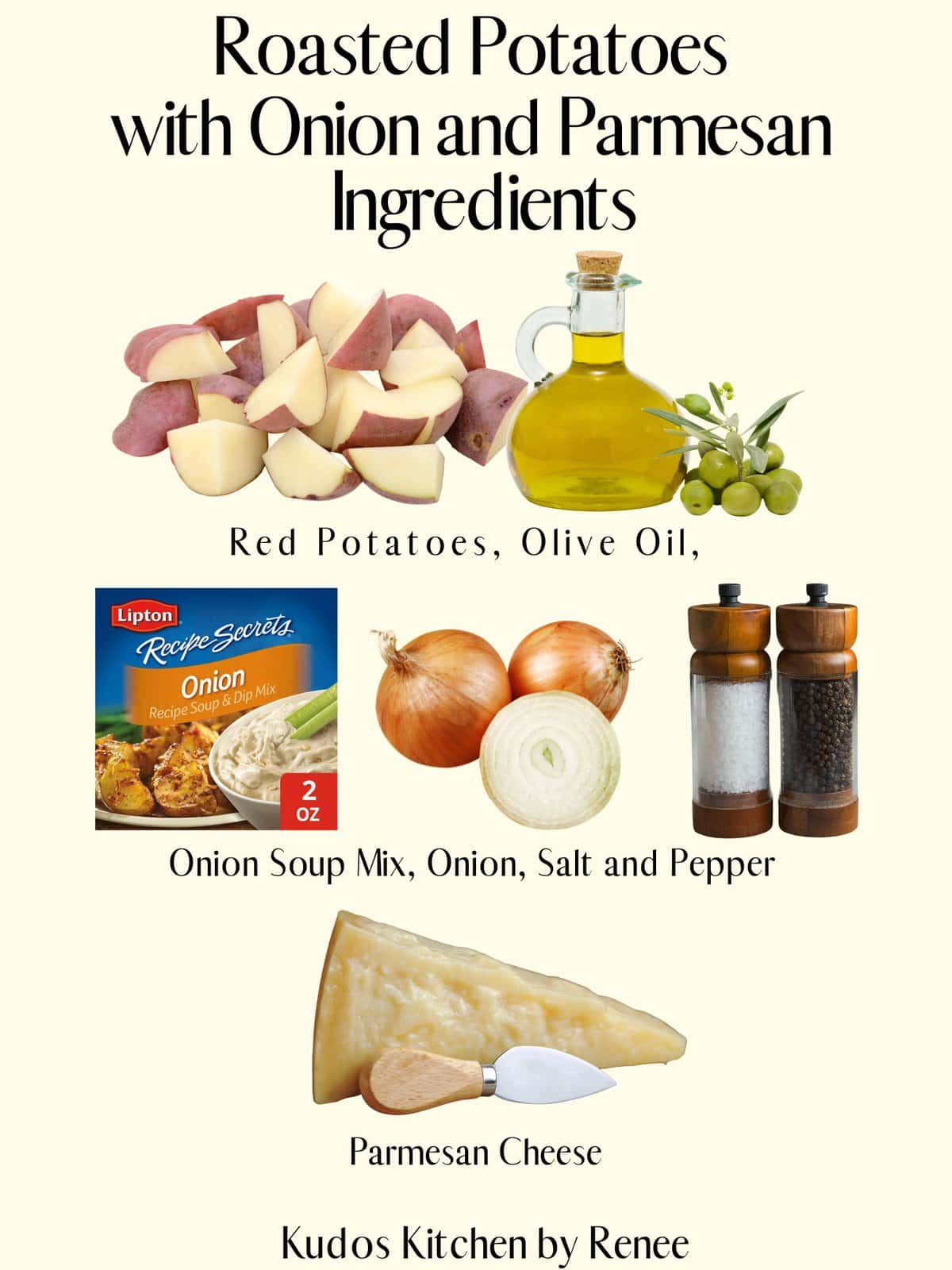 A visual ingredient list for making Roasted Potatoes with Onion and Parmesan.