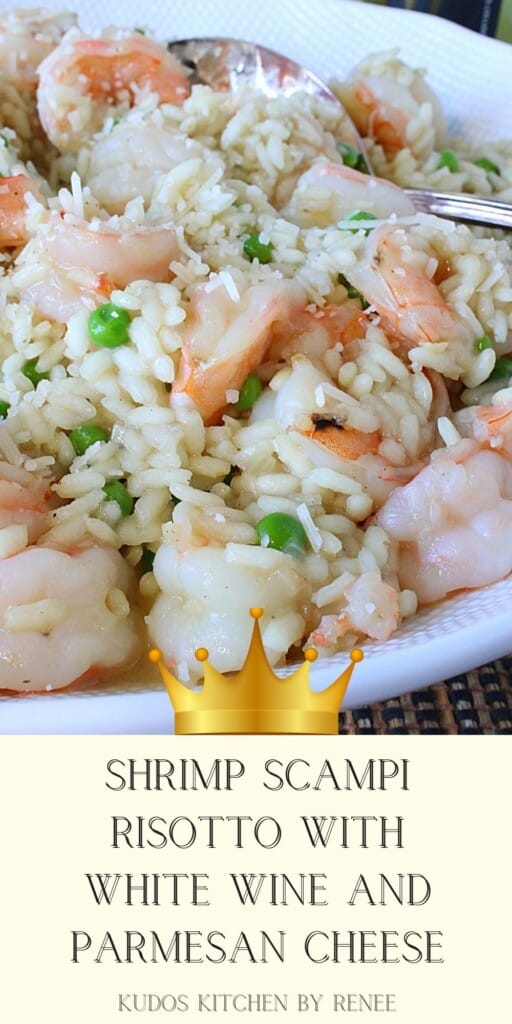 Pinterest image for Shrimp Scampi Risotto with a crown and a title text.