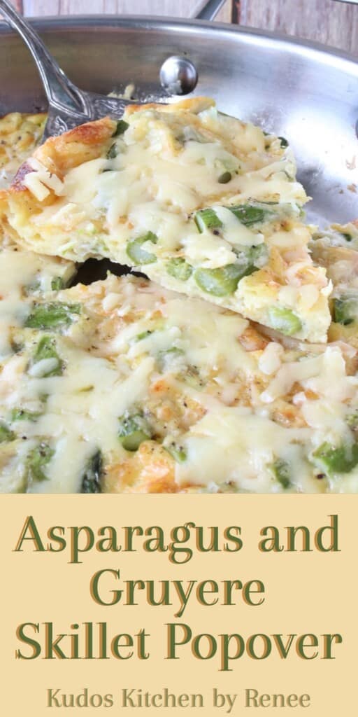 A Pinterest image for Asparagus and Gruyere Cheese Skillet Popover along with a title text.