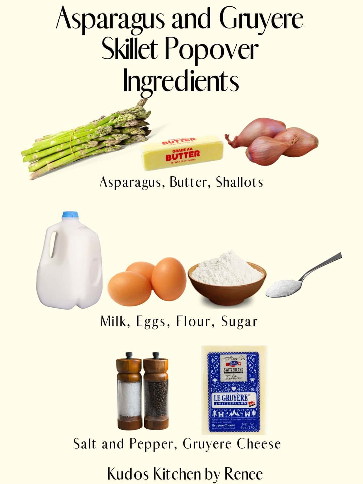 A visual ingredient list for making Asparagus and Gruyere Skillet Popover.