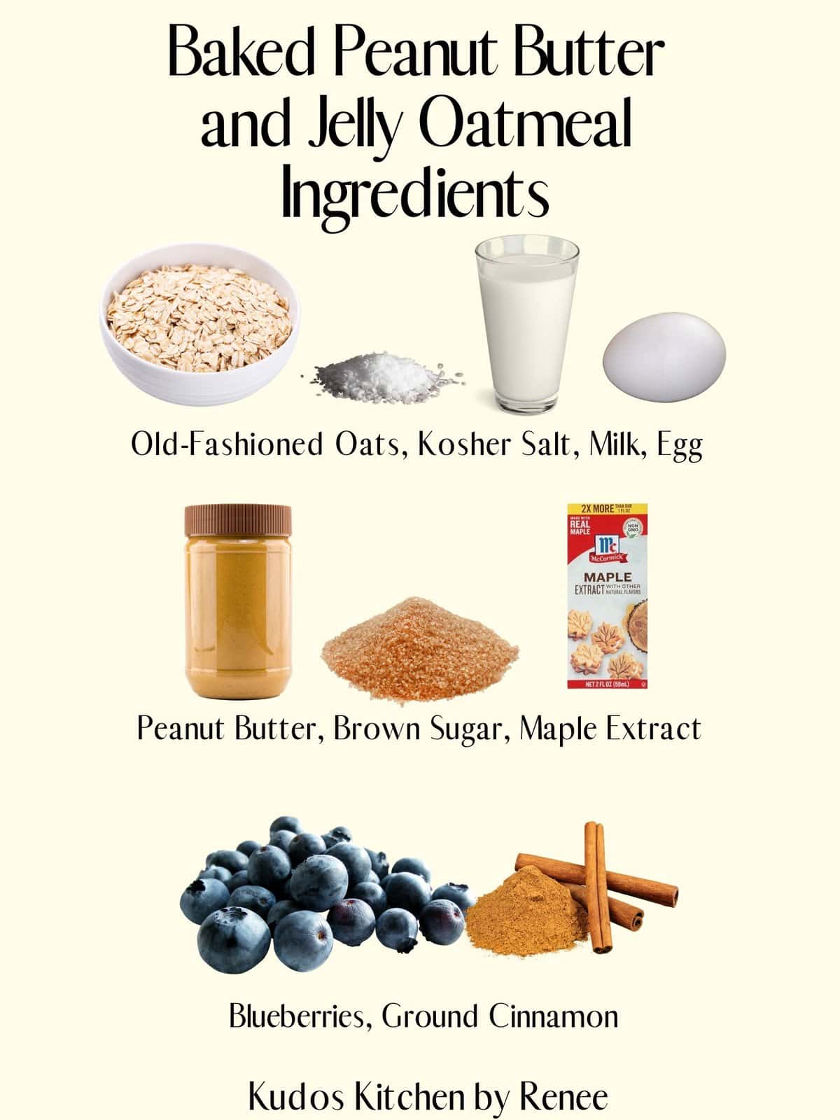 A visual ingredient list for making Baked Peanut Butter and Jelly Oatmeal.