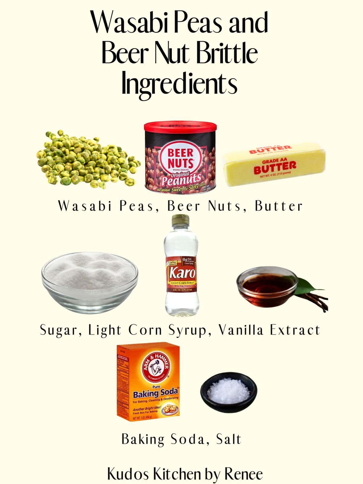 A visual ingredient list for making Wasabi Pea and Beer Nut Brittle.
