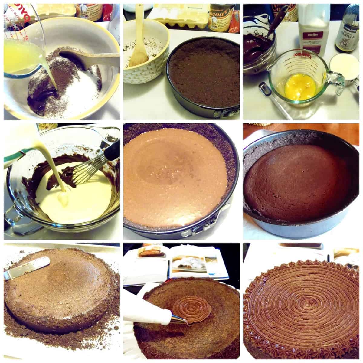 A photo collage of the steps needed to make a Chocolate Velvet Cake.