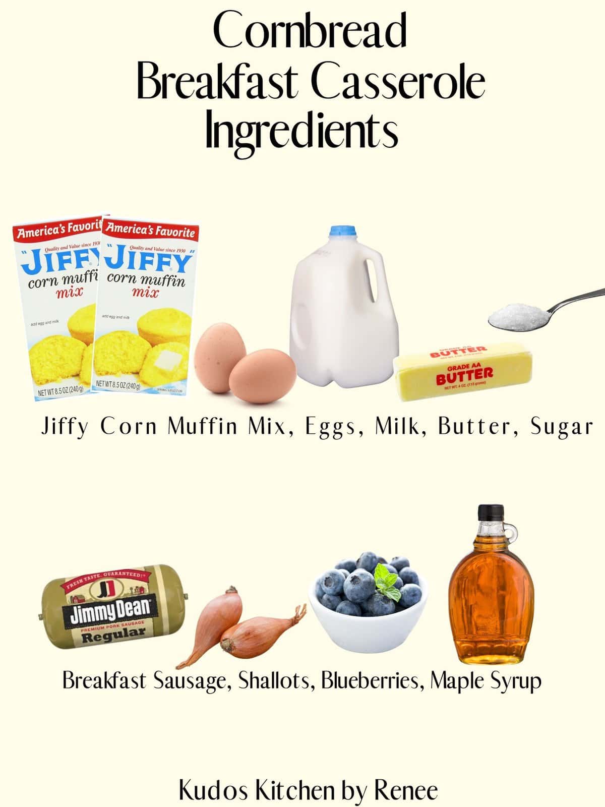 A visual ingredient list for making Cornbread Breakfast Casserole with Sausage and Blueberries.