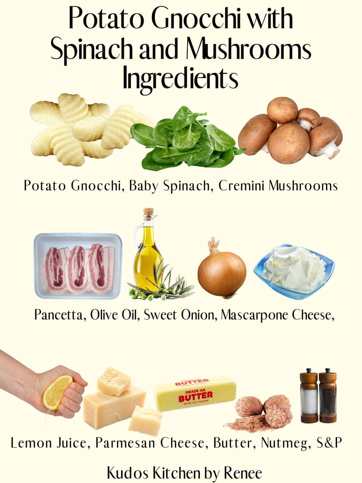 A visual ingredient list for making Potato Gnocchi with Spinach and Mushrooms.