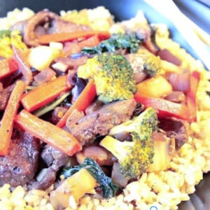 Beef and Broccoli Bok Choy on a bed of brown rice.