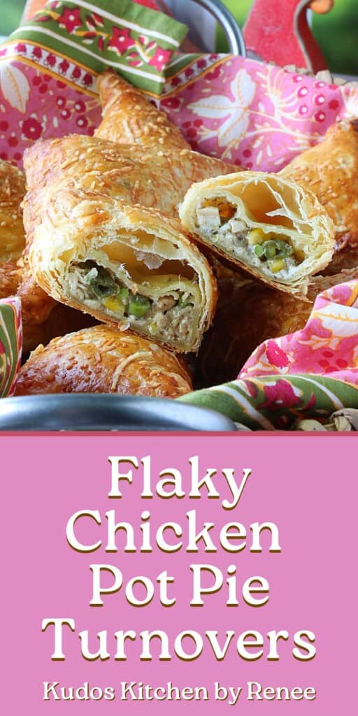 A Pinterest pin image for Chicken Pot Pie Turnovers along with a title text.