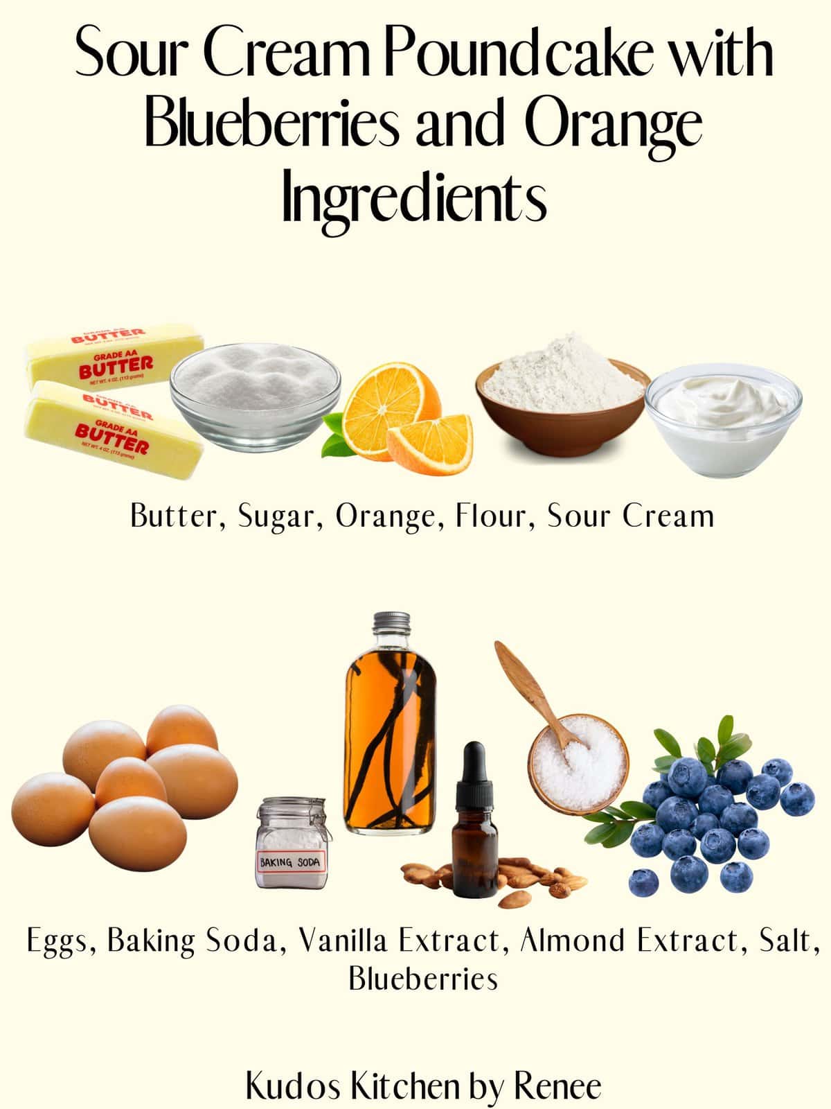 A visual ingredient list for making Sour Cream Poundcake with Blueberries and Orange.